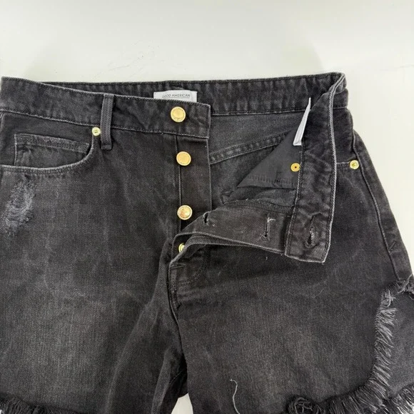 Good American Black Distressed High Rise Cutoff Denim Shorts Size 4/27 - Picture 3 of 8